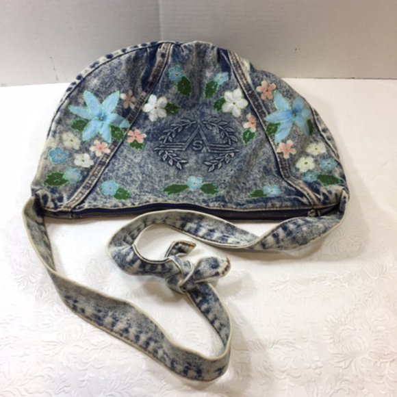 Floral Applique Glitter Denim Jean Crossbody Shoulder Bag Handmade - Picture 3 of 9